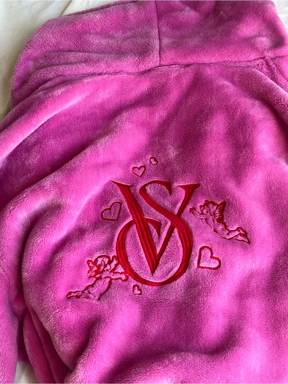 Victoria's Secret Hot Pink Plush Hoodie with Red Embroidered VS
